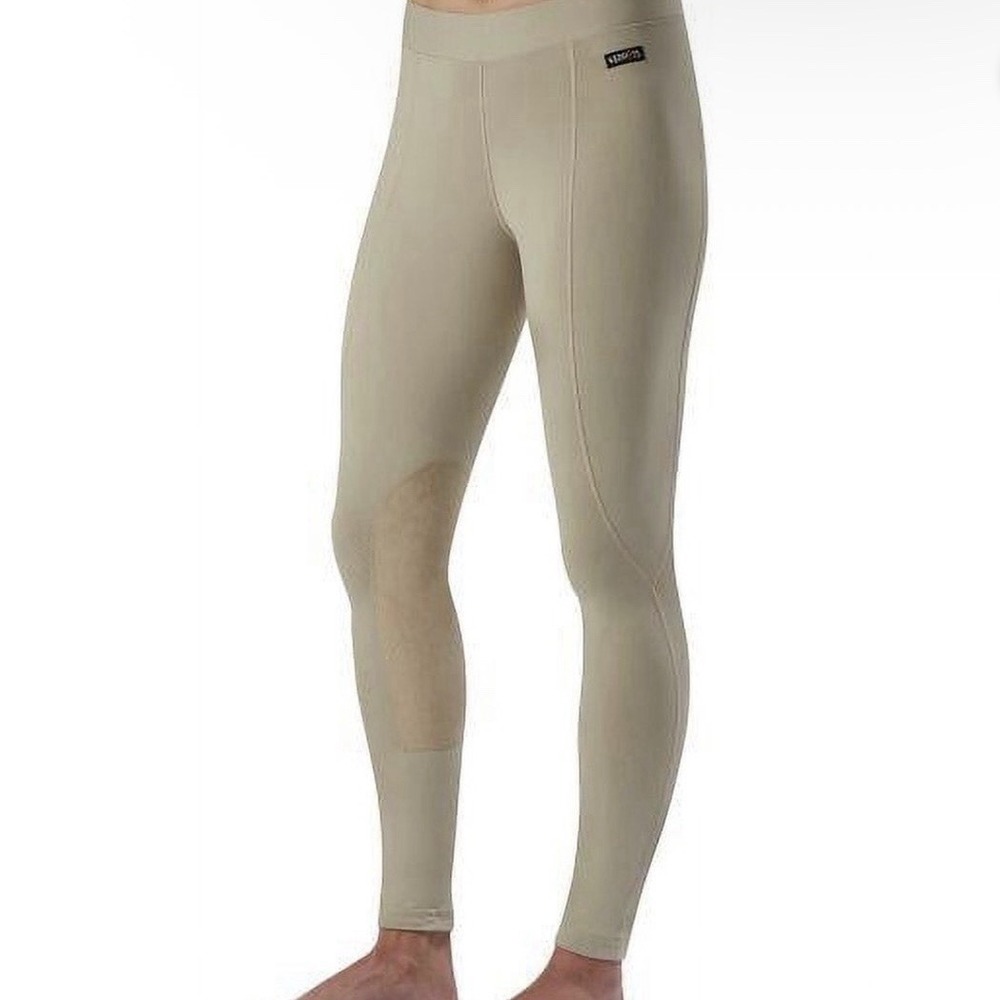 Kerrits Flow Rise Pant Sz L Knee Patch Performance Knit Tight Tan Equestrian EUC